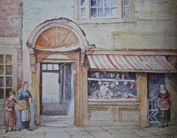Entrance to Morrell Yard seen in watercolour by 1900 J W Knowle