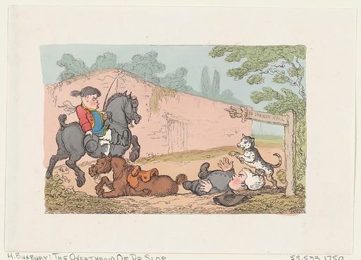 'The Overthrow of Dr Slop' (Tristram Shandy).  C. 1803 by hand coloured etching by Thomas Rowlandson