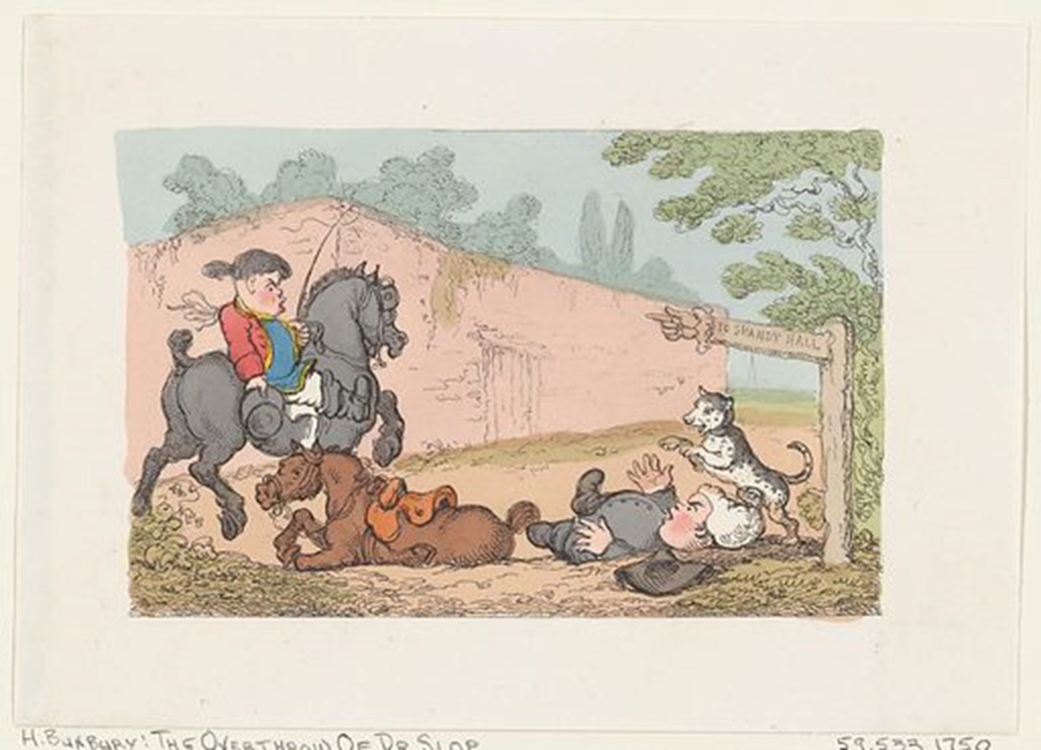 'The Overthrow of Dr Slop' (Tristram Shandy).  C. 1803 by hand coloured etching by Thomas Rowlandson