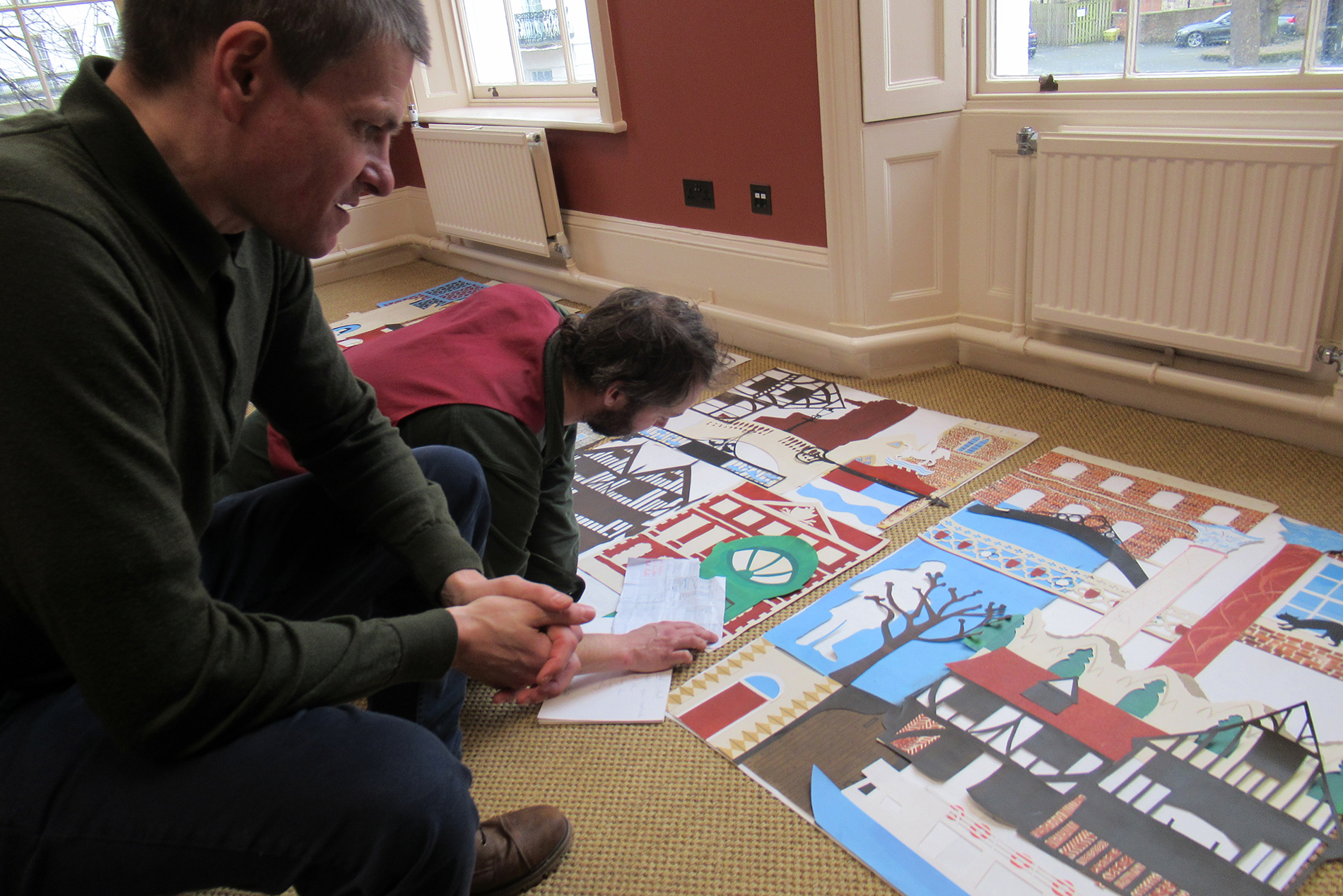 Guy Bowyer and Ric Liptrot in the De Grey House choosing the elements for the five wall panels.